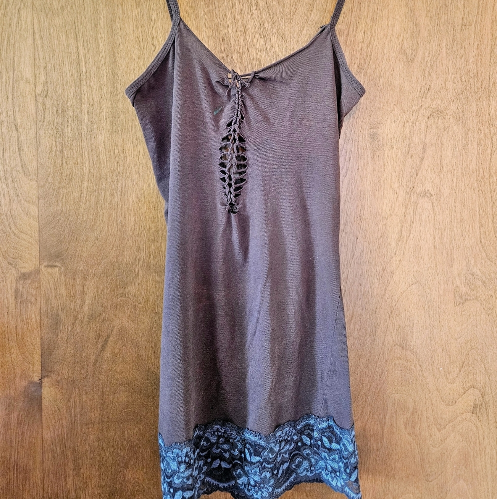 Spaghetti Strap Tank Top Cut Outs Brown w/Blue Lace Trim, Women's Medium